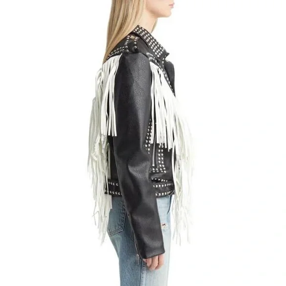 Azalea Wang Studded Black Faux Leather White Fringe Detail Moto Jacket - Picture 4 of 7